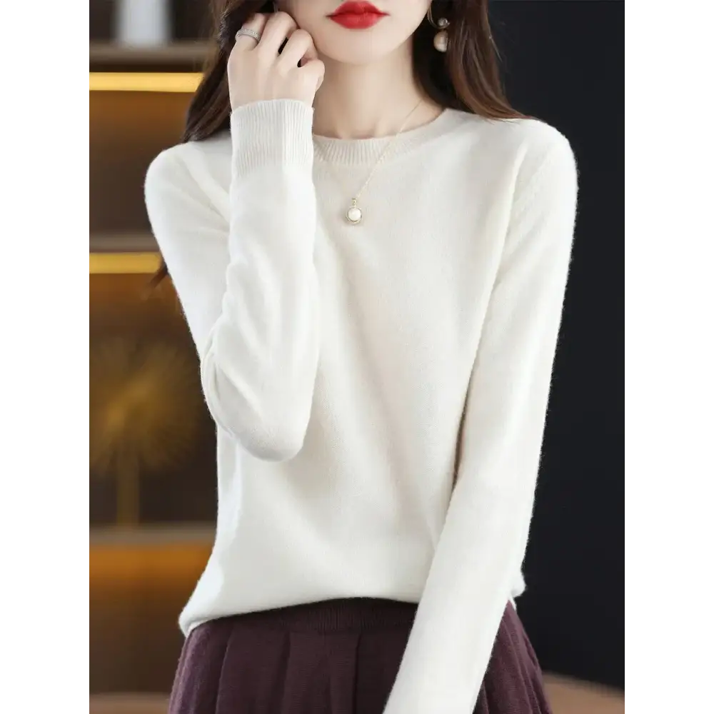 Fashion 100% Merino Wool Sweater Elegant Cashmere Pullover Women O-Neck Long Sleeve Knitwear Basic Clothing Jumper Tops