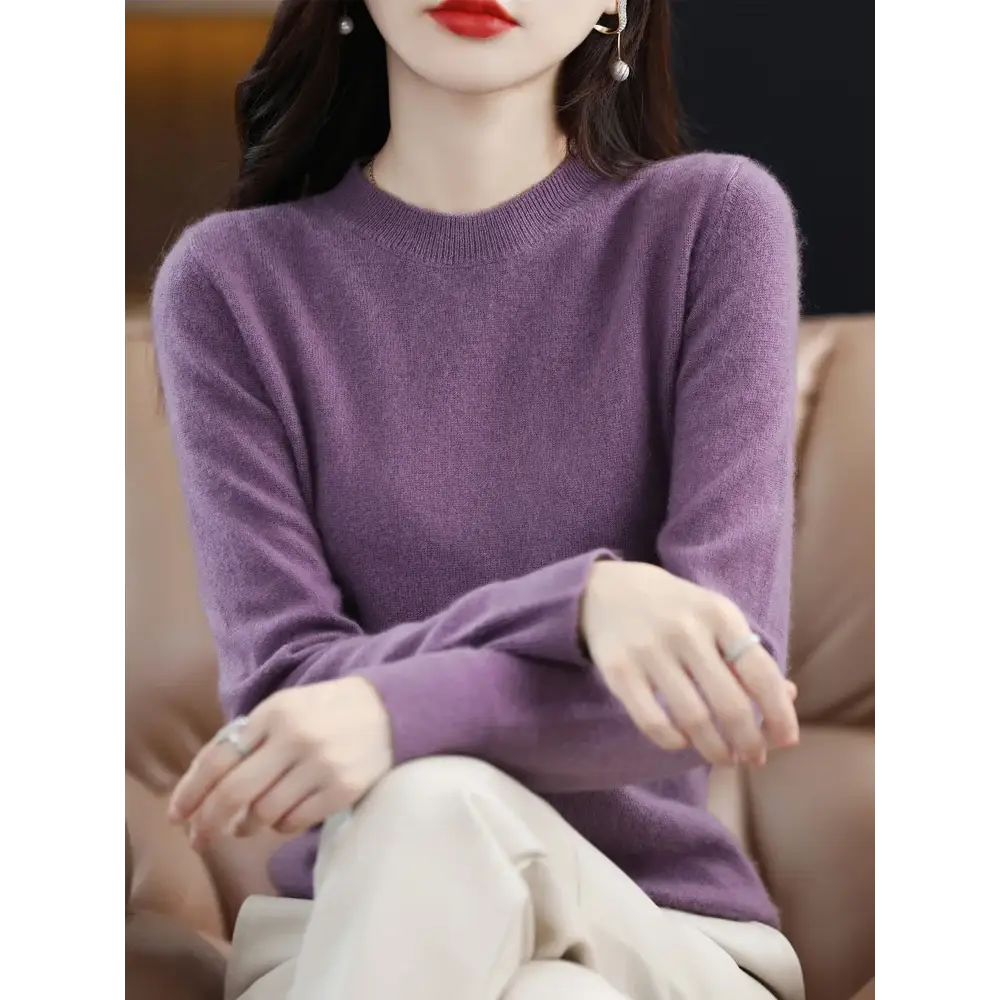 Fashion 100% Merino Wool Sweater Elegant Cashmere Pullover Women O-Neck Long Sleeve Knitwear Basic Clothing Jumper Tops