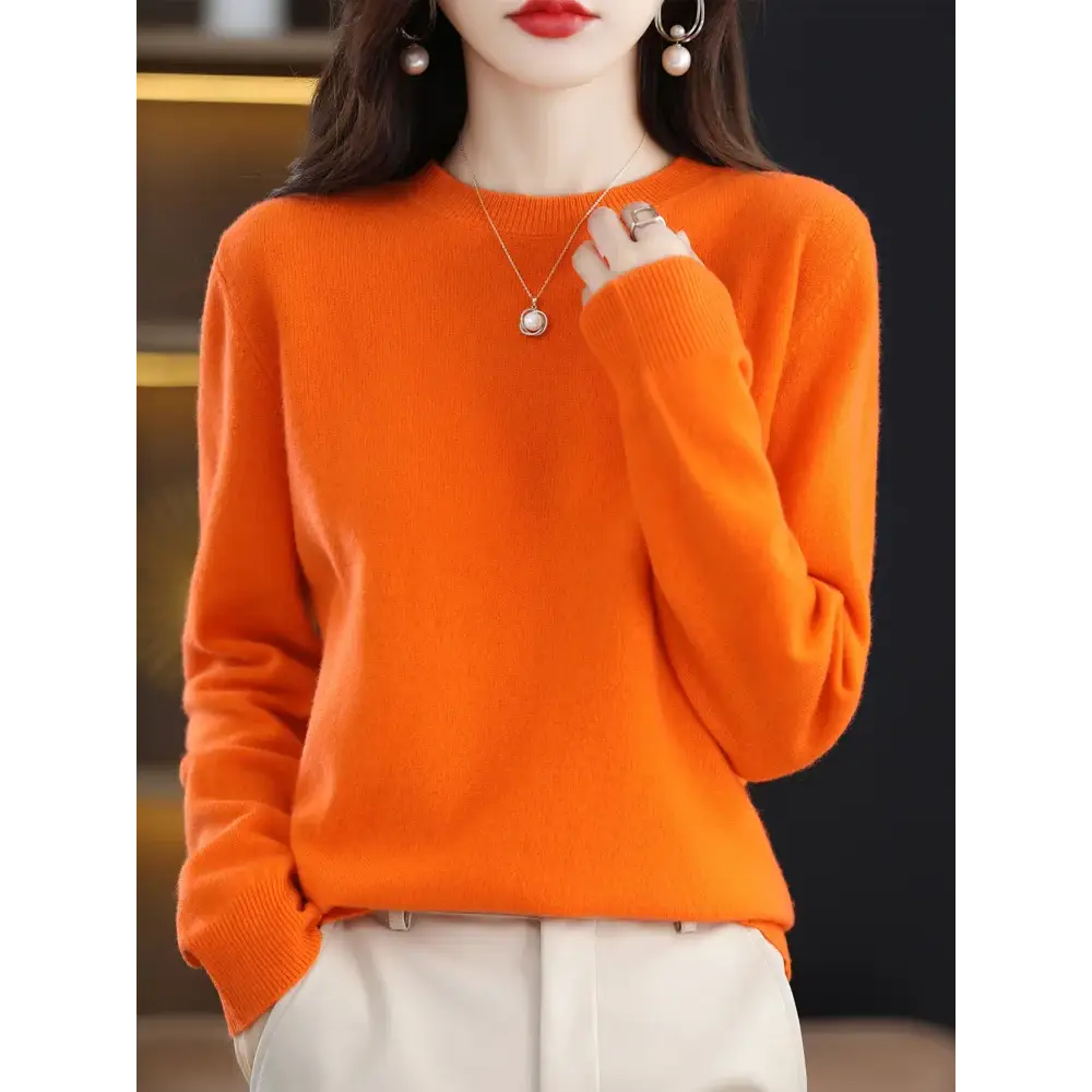 Fashion 100% Merino Wool Sweater Elegant Cashmere Pullover Women O-Neck Long Sleeve Knitwear Basic Clothing Jumper Tops