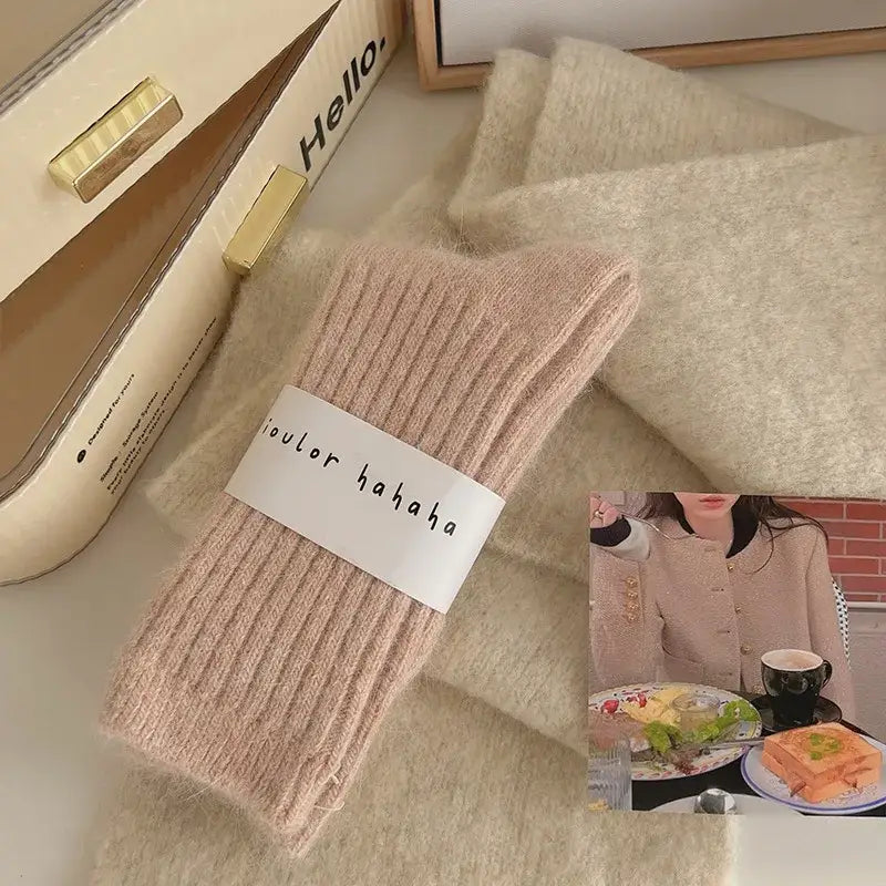 Fashion Cashmere Winter Warm Velvet Socks Thermal Thick Mid Tube Socks Stripes Long Socks For Women - Pink