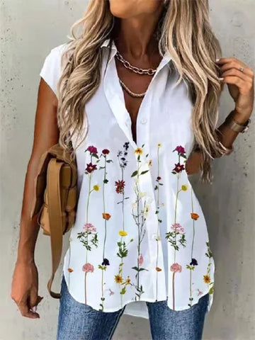 Fashion Casual Short Sleeve Shirt for Women – Loose Fit Printed Cardigan Style Top with Elegant Temperament