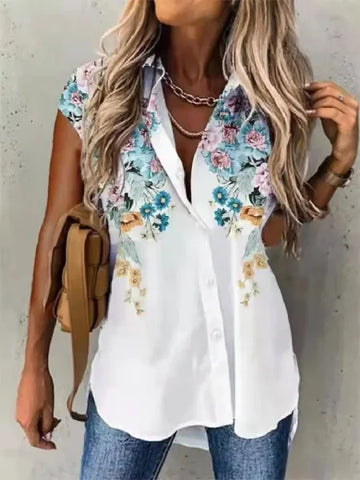 Fashion Casual Short Sleeve Shirt for Women – Loose Fit Printed Cardigan Style Top with Elegant Temperament - SKY BLUE