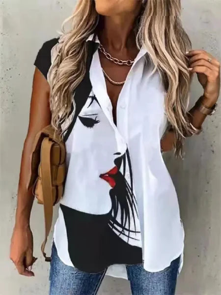 Fashion Casual Short Sleeve Shirt for Women – Loose Fit Printed Cardigan Style Top with Elegant Temperament - black / XL