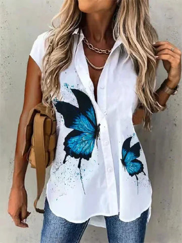 Fashion Casual Short Sleeve Shirt for Women – Loose Fit Printed Cardigan Style Top with Elegant Temperament - Blue / XL