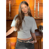 Fashion Gray Cropped T-Shirt for Women – O-Neck Corset Top Casual Streetwear Short Tee for Spring & Summer