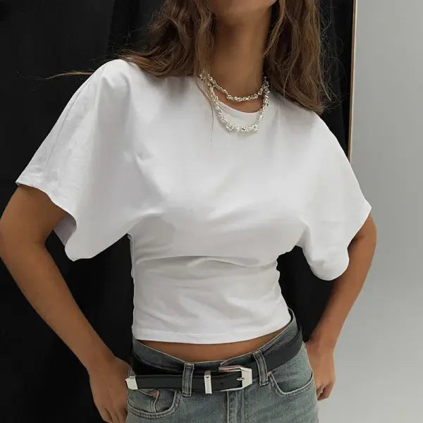 Fashion Gray Cropped T-Shirt for Women – O-Neck Corset Top Casual Streetwear Short Tee for Spring & Summer - WHITE / S