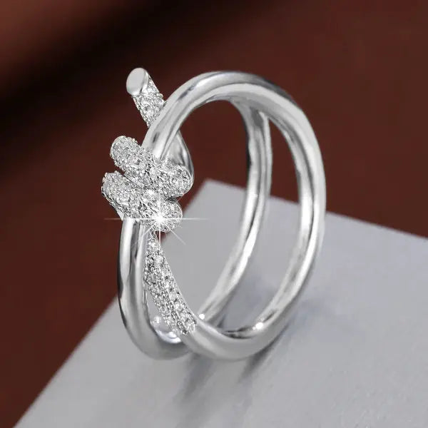 Fashion Classic Knot-Shaped CZ Ring for Women – Elegant Copper Ring for Daily Wear & Gifts - silvery white / 7