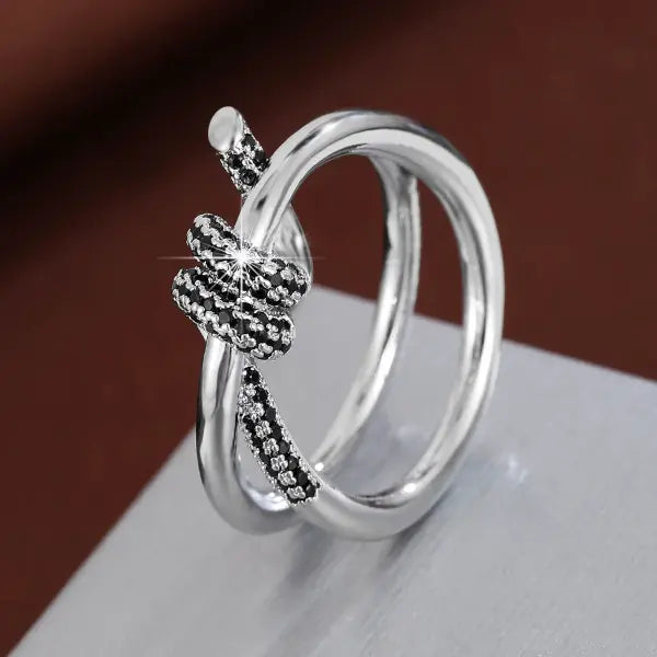 Fashion Classic Knot-Shaped CZ Ring for Women – Elegant Copper Ring for Daily Wear & Gifts - silvery black / 7