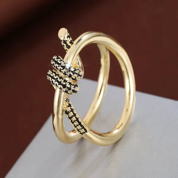 Fashion Classic Knot-Shaped CZ Ring for Women – Elegant Copper Ring for Daily Wear & Gifts - golden black / 6