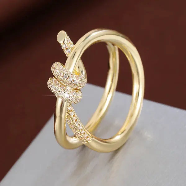 Fashion Classic Knot-Shaped CZ Ring for Women – Elegant Copper Ring for Daily Wear & Gifts - golden white / 6