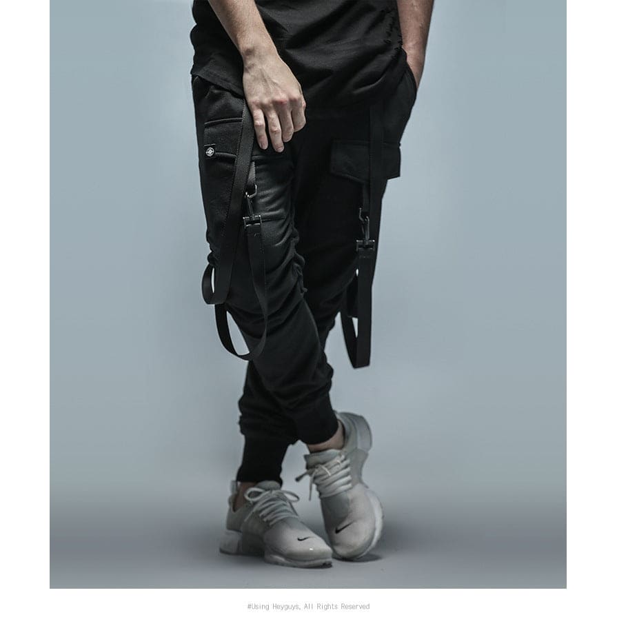 fashion fitness Pant Men pants sweatpants Trousers Fashion Bottoms street wear hip hop pencil pants with belt - Black