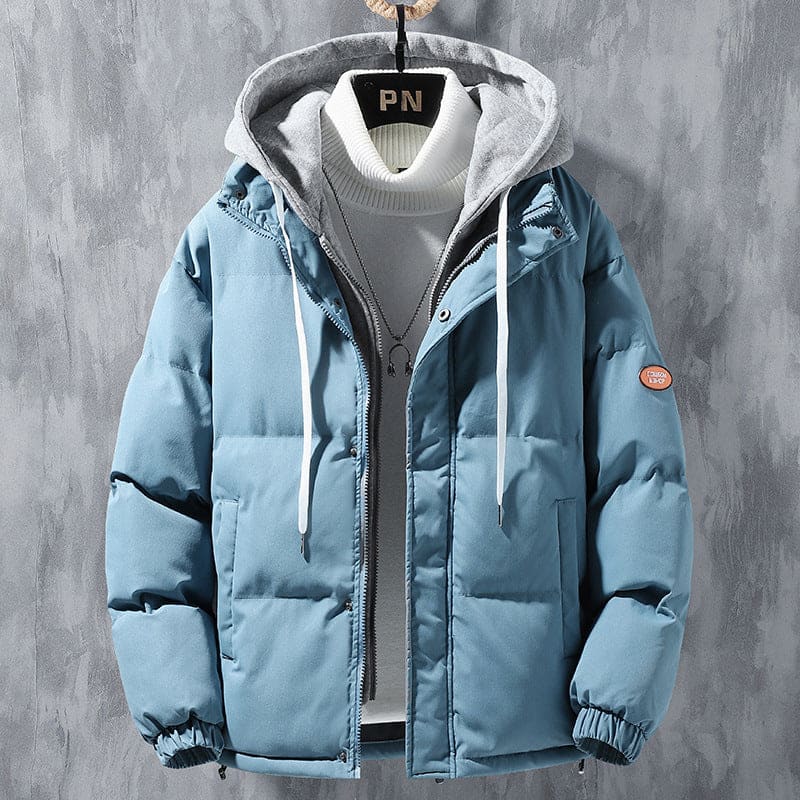 fashion-hooded-jacket-men-winter-windproof-thickened-fake-two-piece - Blue / 2XL