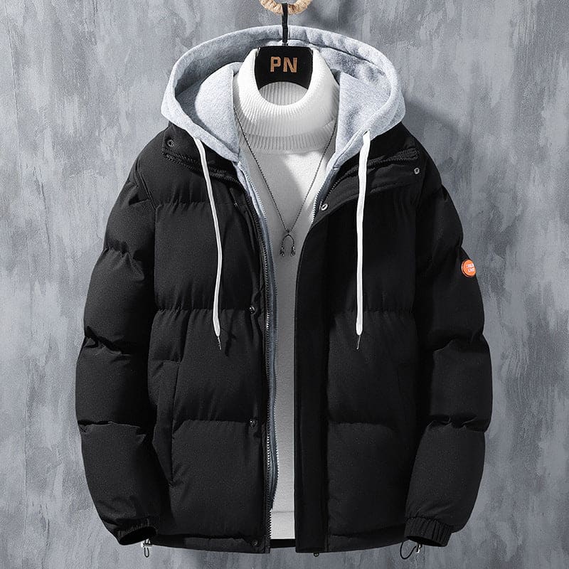 fashion-hooded-jacket-men-winter-windproof-thickened-fake-two-piece - Black / 2XL