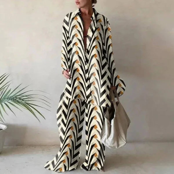 New Product Set Fashion Printed Loose Long Sleeved Shirt + Straight Leg Pants for Women