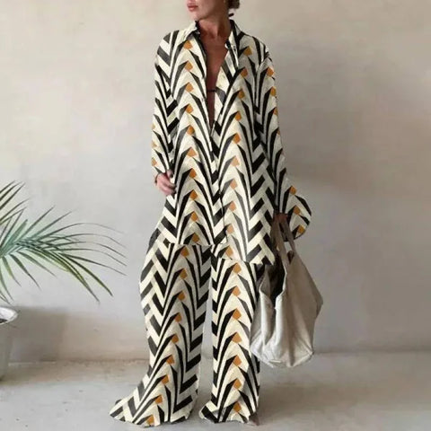 New Product Set Fashion Printed Loose Long Sleeved Shirt + Straight Leg Pants for Women