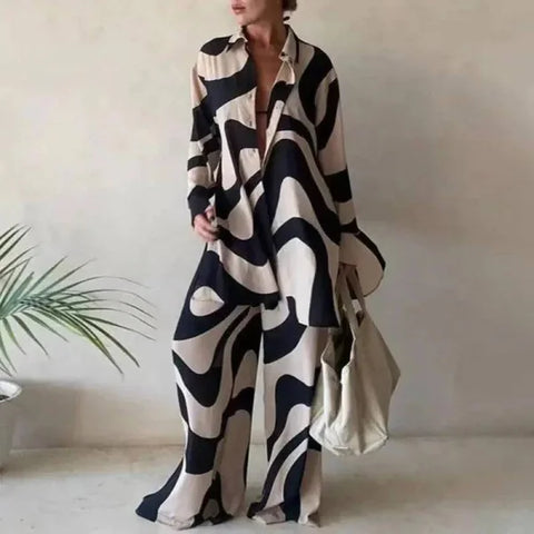 New Product Set Fashion Printed Loose Long Sleeved Shirt + Straight Leg Pants for Women