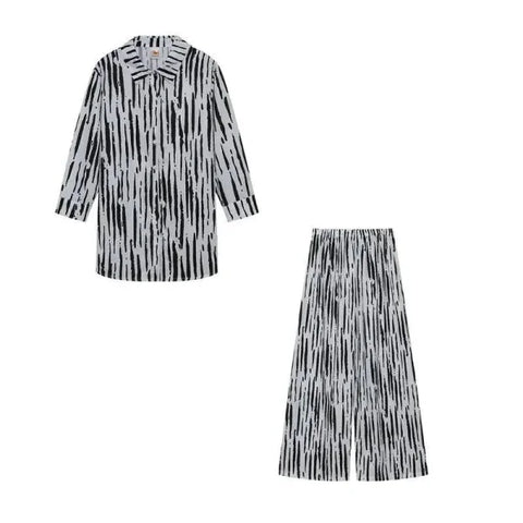 New Product Set Fashion Printed Loose Long Sleeved Shirt + Straight Leg Pants for Women - XITIAOWEN / L