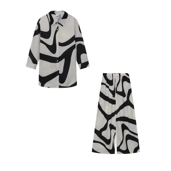 New Product Set Fashion Printed Loose Long Sleeved Shirt + Straight Leg Pants for Women - XXL / Black