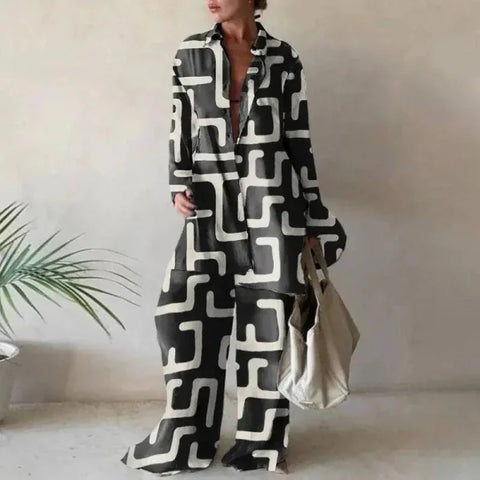 New Product Set Fashion Printed Loose Long Sleeved Shirt + Straight Leg Pants for Women