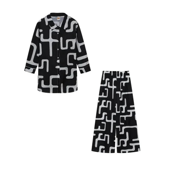 New Product Set Fashion Printed Loose Long Sleeved Shirt + Straight Leg Pants for Women - JIHEHEI / XL