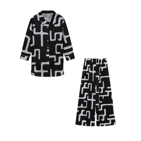 New Product Set Fashion Printed Loose Long Sleeved Shirt + Straight Leg Pants for Women - JIHEHEI / XL