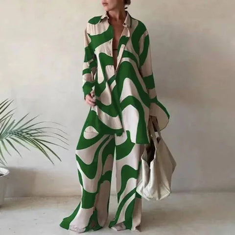New Product Set Fashion Printed Loose Long Sleeved Shirt + Straight Leg Pants for Women