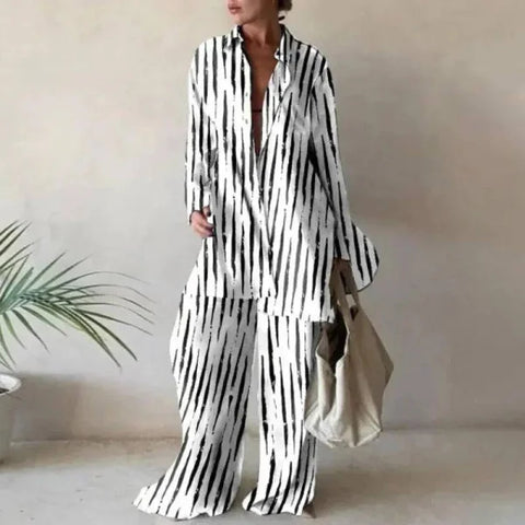 New Product Set Fashion Printed Loose Long Sleeved Shirt + Straight Leg Pants for Women