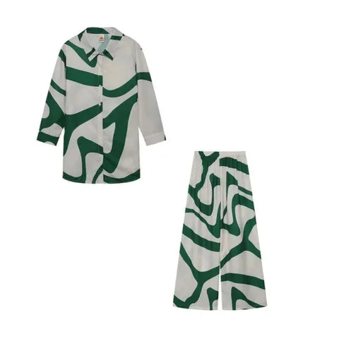 New Product Set Fashion Printed Loose Long Sleeved Shirt + Straight Leg Pants for Women - S / Green