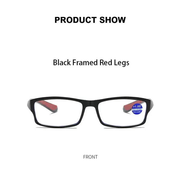 Fashion reading glasses with anti blue light sport frames - Black Red / +150
