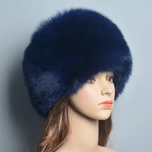 Fashion Real Fox Fur Winter Hat for Women – Natural Fluffy Beanie Russian Style Bomber Cap - dark blue / One Size