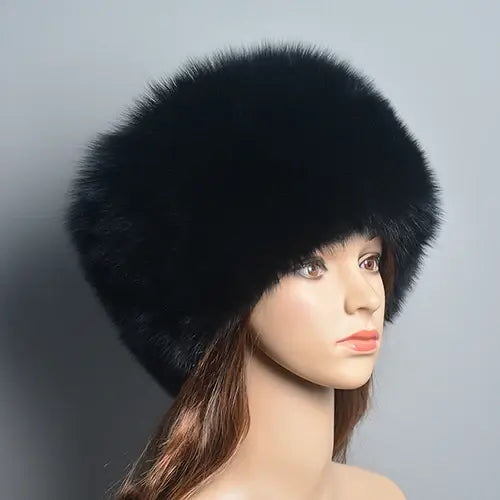 Fashion Real Fox Fur Winter Hat for Women – Natural Fluffy Beanie Russian Style Bomber Cap - black / One Size