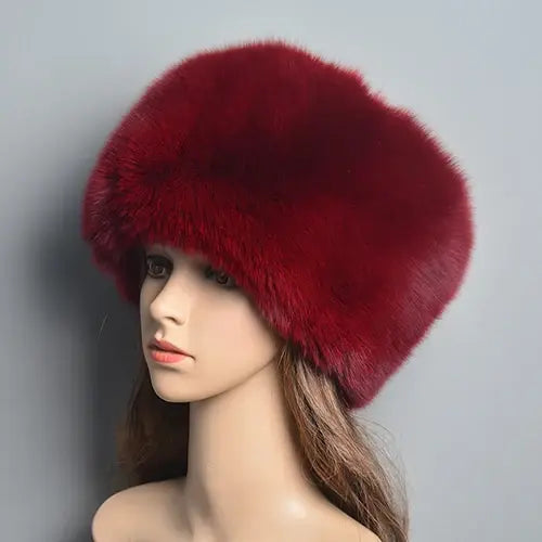 Fashion Real Fox Fur Winter Hat for Women – Natural Fluffy Beanie Russian Style Bomber Cap - wine red / One Size
