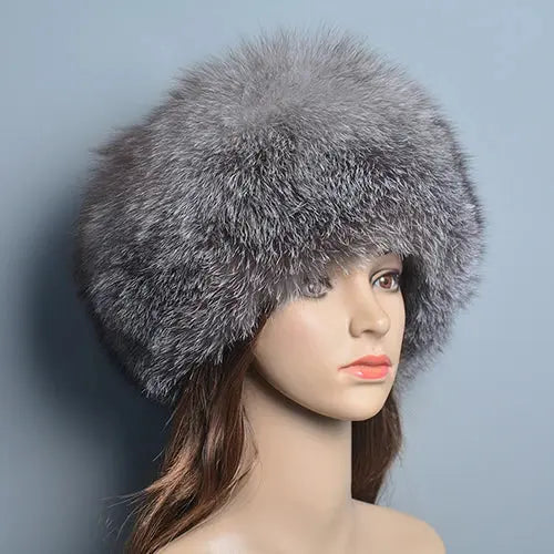Fashion Real Fox Fur Winter Hat for Women – Natural Fluffy Beanie Russian Style Bomber Cap - silver blue / One Size