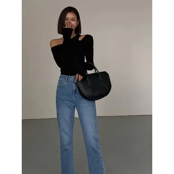 Fashion Skew Collar Off-shoulder Long-sleeved T-shirts Women Spring New Solid Slim Fit Crop Top Sexy Hollow Out Tees