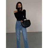 Fashion Skew Collar Off-shoulder Long-sleeved T-shirts Women Spring New Solid Slim Fit Crop Top Sexy Hollow Out Tees