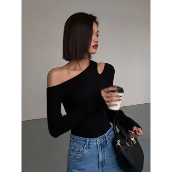 Fashion Skew Collar Off-shoulder Long-sleeved T-shirts Women Spring New Solid Slim Fit Crop Top Sexy Hollow Out Tees