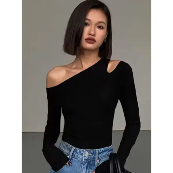 Fashion Skew Collar Off-shoulder Long-sleeved T-shirts Women Spring New Solid Slim Fit Crop Top Sexy Hollow Out Tees