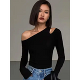 Fashion Skew Collar Off-shoulder Long-sleeved T-shirts Women Spring New Solid Slim Fit Crop Top Sexy Hollow Out Tees