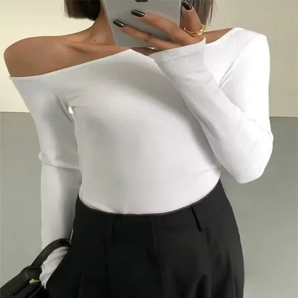 Skew Collar Off-Shoulder Long Sleeve T-Shirt for Women – Spring Slim Fit Crop Top Sexy Hollow Out Tee - WHITE / L