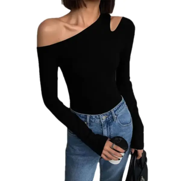 Fashion Skew Collar Off-shoulder Long-sleeved T-shirts Women Spring New Solid Slim Fit Crop Top Sexy Hollow Out Tees