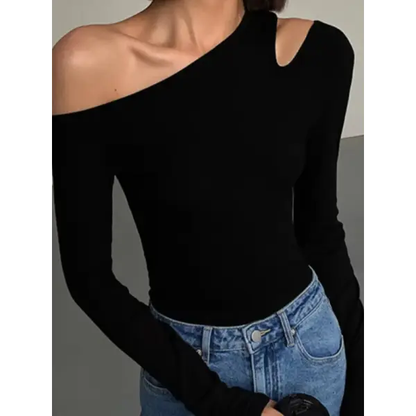 Fashion Skew Collar Off-shoulder Long-sleeved T-shirts Women Spring New Solid Slim Fit Crop Top Sexy Hollow Out Tees