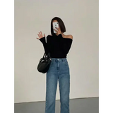 Fashion Skew Collar Off-shoulder Long-sleeved T-shirts Women Spring New Solid Slim Fit Crop Top Sexy Hollow Out Tees
