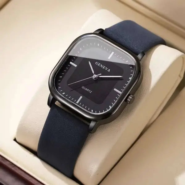 Men Leather Strap Quartz Watch Casual Minimalist Timepiece - Blue Black No Box / China Mainland