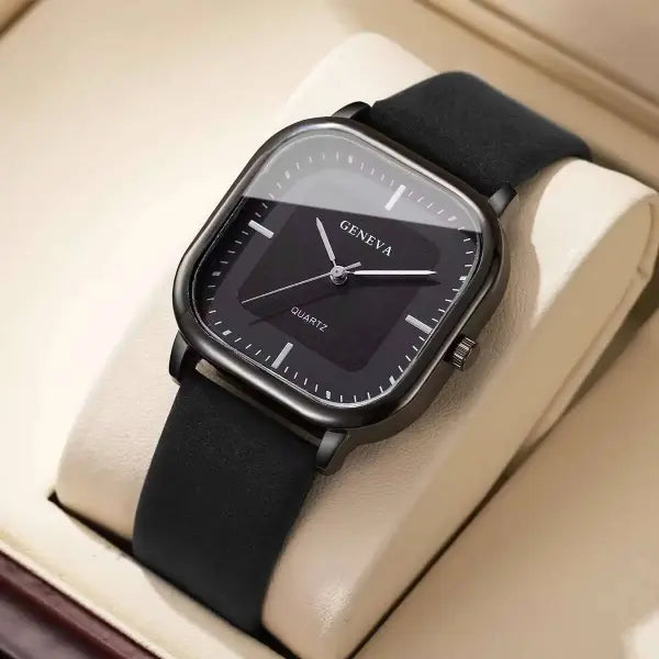 Men Leather Strap Quartz Watch Casual Minimalist Timepiece - Black Black No Box / China Mainland