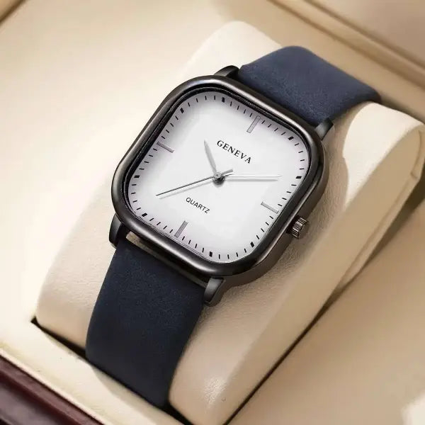 Men Leather Strap Quartz Watch Casual Minimalist Timepiece - Blue White No Box / China Mainland