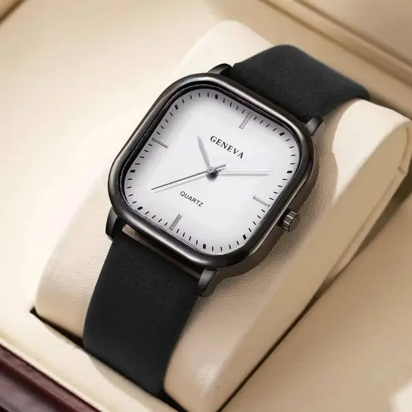 Men Leather Strap Quartz Watch Casual Minimalist Timepiece - Black White No Box / China Mainland