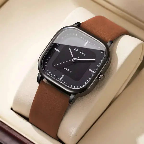 Men Leather Strap Quartz Watch Casual Minimalist Timepiece - Brown Black No Box / China Mainland