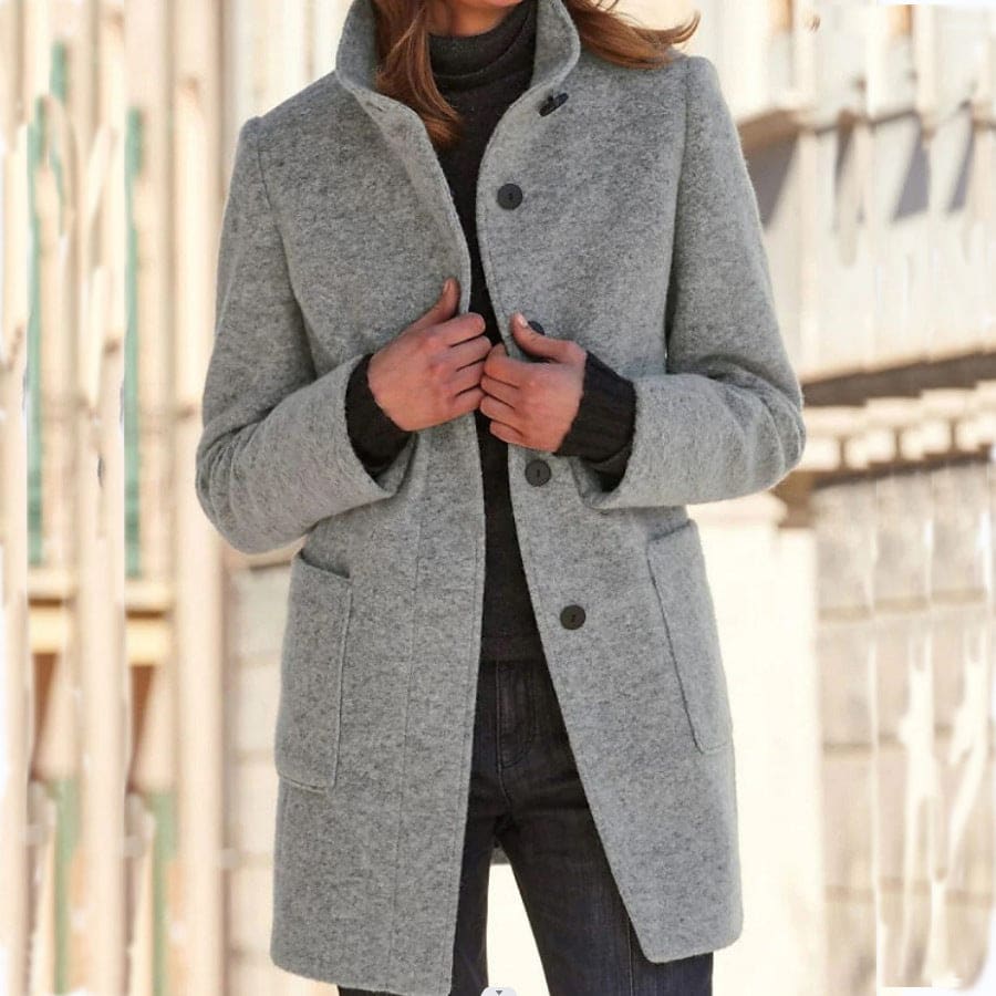 Fashion Stand Collar Woolen Coat with Pockets – Casual Button Outwear for Women - Light Grey / 2XL