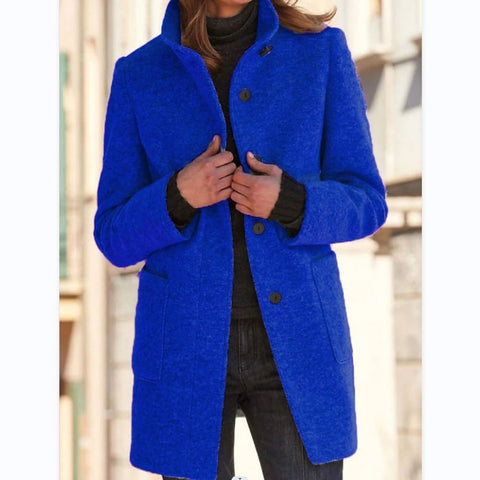 Fashion Stand Collar Woolen Coat with Pockets – Casual Button Outwear for Women - Dark Blue / 2XL