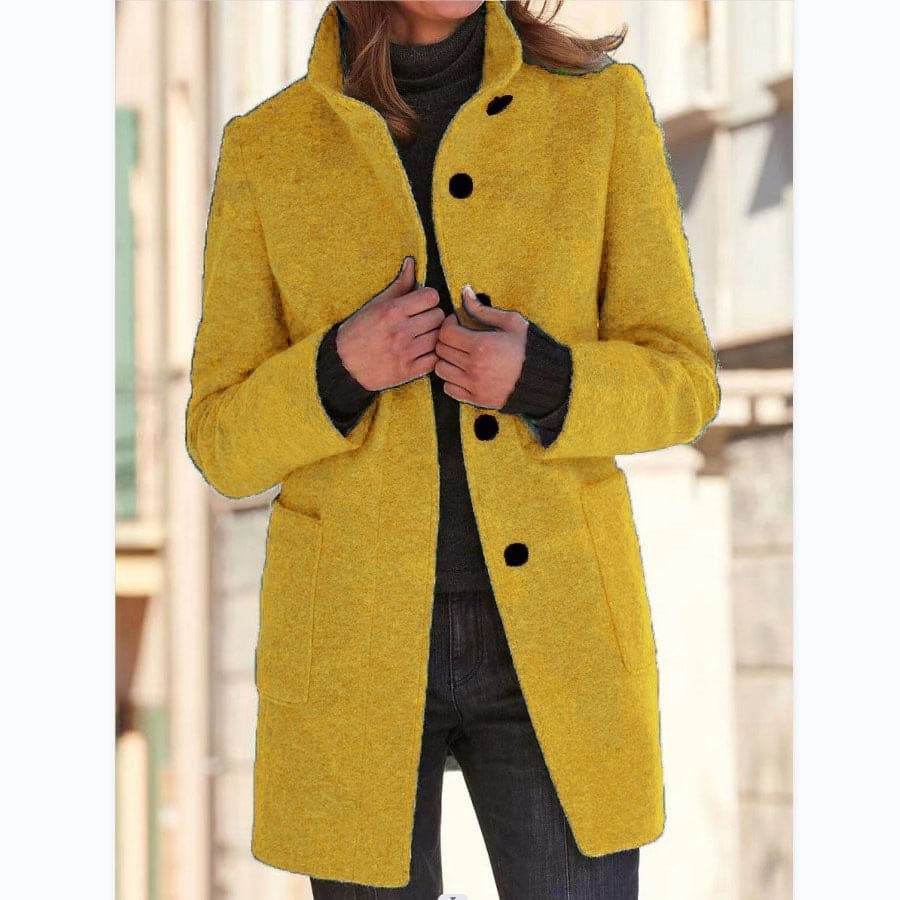 Fashion Stand Collar Woolen Coat with Pockets – Casual Button Outwear for Women - Yellow / 2XL